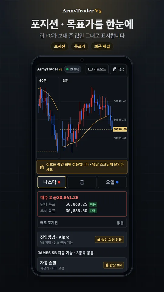 아미트레이더 V5 앱 화면(공개용 예시 · 신호 숨김) — 포지션 · 목표가를 한눈에